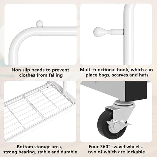 Sywhitta Metal Clothing Rack on Wheels with Mesh Shelf, for Clothes,White | Rolling Garment Rack for Hanging Clothes, Coats, Skirts, 39.76" L x 16" W x 63.78" H,Space-Saving Mobile Organizer for Closet thumbnail 4