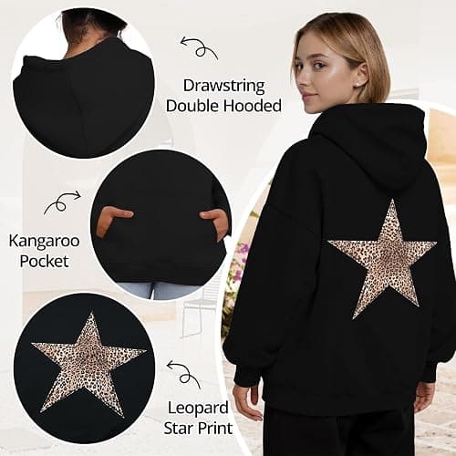 Baonmy Oversized Hoodies Women Star Leopard Print Hooded Preppy Fleece Sweatshirt Long Sleeve Y2K Graphic Hoodie with Pockets thumbnail 2