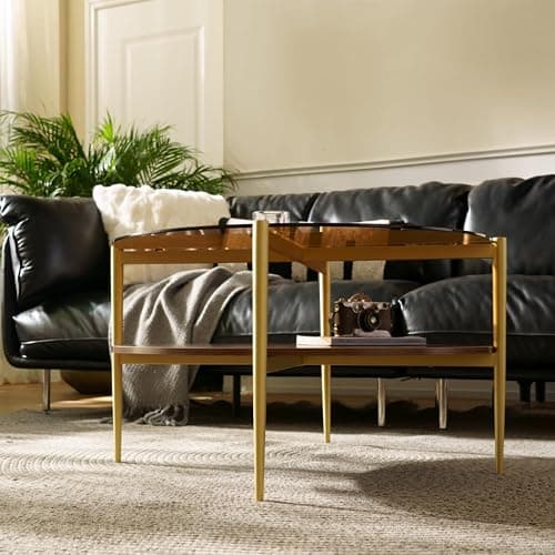Saint Mossi Glass Round Coffee Table for Living Room, Middle-Century Modern Style, Coffee Brown Glass Top & Walnut Brown MDF Wood Top, with Gold Finish Legs & Frame thumbnail 7