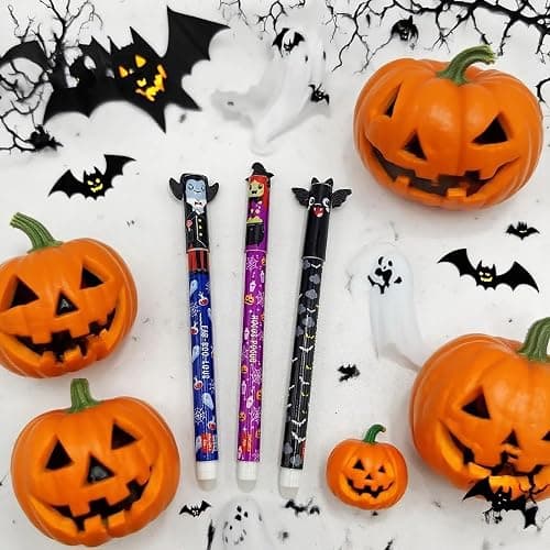 Shinekoo Juego de 3 bolígrafos de gel borrables de Halloween, diseño de animales, calabaza, murciélago, bruja, bolígrafos borrables para niños que aprenden y escriben, 3 ml thumbnail 5