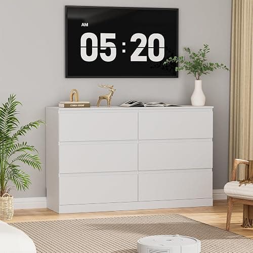 Dresser for Bedroom with 6 Drawers, 14.2" D x 47.2" W x 29.5" H, White | Modern Chest of Drawers with Hidden Drawer, Wood Storage Dresser, Storage Organizer for Living Room, Closet, Hallway thumbnail 4