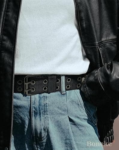 Nylon Web Belts, Double Hole Grommet Canvas Waist Belt for Men & Women Punk Halloween Belt for Jeans Teenager Unisex Black thumbnail 2