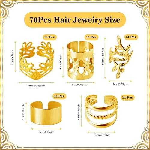 70 Pcs Hair Jewelry For Braids,Gold Hair Cuffs Dreadlock Accessories,Adjustable Hair Rings Braid Decorations For Women (gold) thumbnail 2