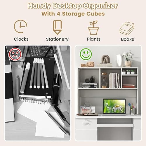 Giantex Desktop Bookshelf, Countertop Storage Hutch with 4 Shelves for Computer Desk, Dressing Tabletop Display Rack, Multipurpose Desk Hutch Storage Organizer for Home Office Dorm, White thumbnail 4