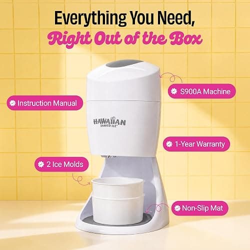 Hawaiian Shaved Ice S900A Snow Cone and Shaved Ice Machine with 2 Reusable Plastic Ice Mold Cups, Non-slip Mat, Instruction Manual, 1-year Manufacturer’s Warranty, 120V, White thumbnail 9