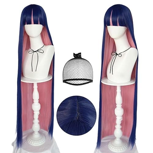 ANOGOL Hair Cap+ Blue Mix Pink Wig 105cm Long Straight Stocking Wigs for Girl with Bangs Costume for Women Synthetic Hair Wigs for Stocking Cosplay Halloween Wig Anime Party - Image 1