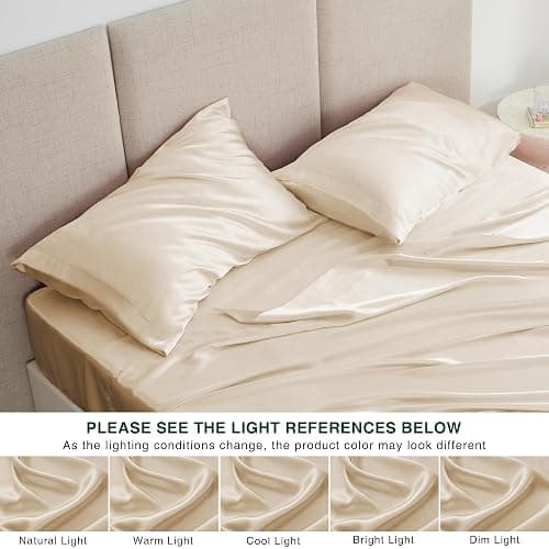 Love's cabin Full Size Satin Sheet Sets - 4 Piece Beige Silky Sheet Set with Deep Pocket, Luxury Silk Feel Satin Sheets Full Bedding Set (1 Flat Sheet,1 Fitted Sheet,2 Pillow Cases) thumbnail 8