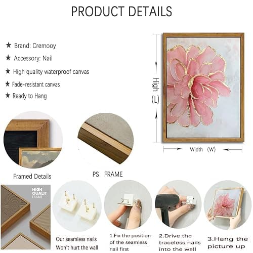 Framed Pink Peony Flower Canvas Wall Art Modern Pink and Gold Floral painting Decor Pictures Abstract flowering Posters Prints for Corridor Living Classroom Bedroom Woman Room Decoration thumbnail 2