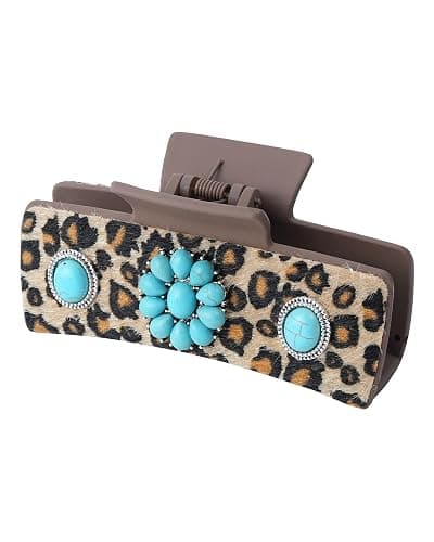 ACECHA Western Hair Claw Clips for Women, Turquoise Stone - Leopard Print Leather Hair Clips, Large Cowgirl Hair Accessories Rodeo Style Fashion Hairclips Gift (Coffee 02) - Image 1