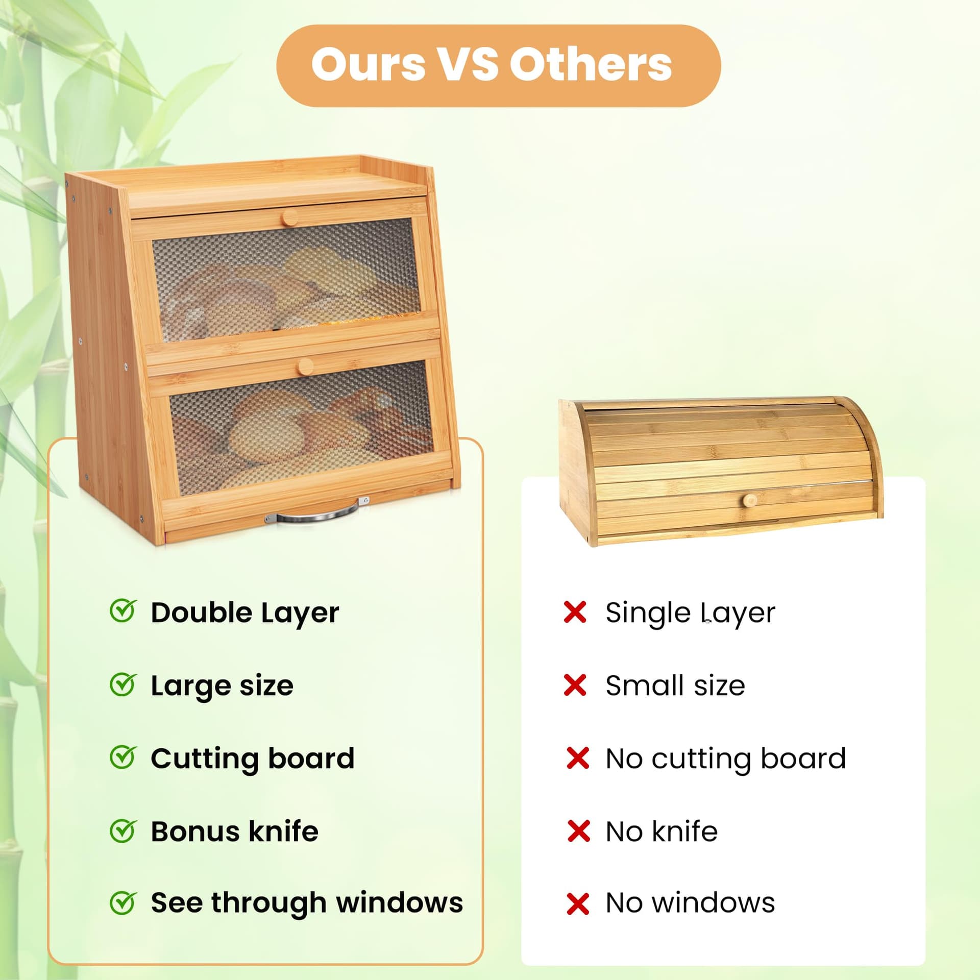 BLANCE Bread Box for Kitchen Storage & Organisation, Bamboo Breadbox Bread Bin Bread Storage With Cutting Board & Bread Knife, Large Size Bread Box with Acrylic Door thumbnail 6