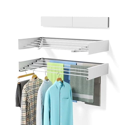 Laundry Drying Rack Collapsible, Wall Mounted, Clothes Drying Rack, 31.5" Wide, 13.2 Linear Ft, 5 Aluminum Rods, 60 lb Capacity, Laundry Racks for Drying Clothes with Wall Template(White 31.5" ) - White - 31.5'' - Image 1