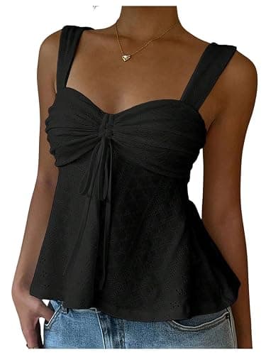 Milumia Women's Eyelet Tie Front Ruched Tank Tops Y2k Drawstring Sexy Going Out Top - Image 1
