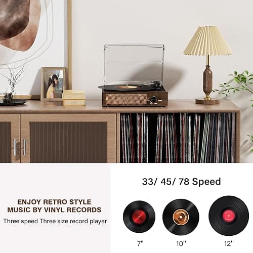 Bluetooth Vinyl Record Player,3-Speed Turntable with Stereo Speakers Vintage Phonograph Record Player, with RCA Line Out AUX in Headphone Jack Coffee Wood thumbnail 4
