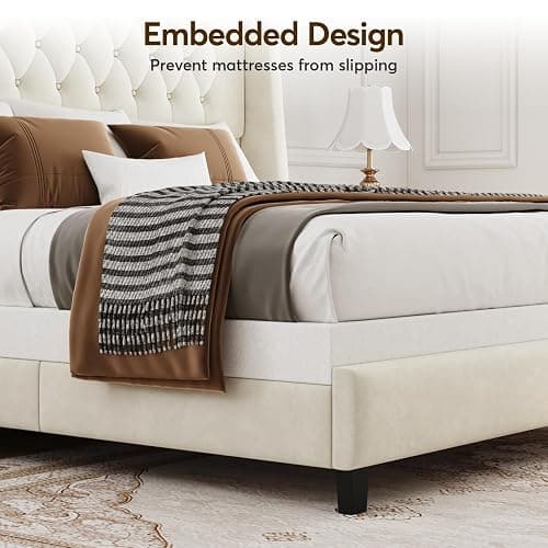 SEREINEY Queen Bed Frame with 55" Tall Headboard, Upholstered Bed Frames, Soft Fabric, Button Tufted Headboard with Windback, Platform Bed, Noise-Free, No Box Spring Needed, Beige thumbnail 5