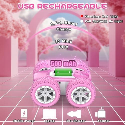 Pink Remote Control Car for Girls, RC Cars for Kids with DIY Sticker & Colored Lights, 2.4Ghz Double Sided 360° Flips 4WD Stunt Car, Rechargeable Toy Cars for Girl Ages 4-6 5-7 6-8 8-12 Birthday Gift thumbnail 4