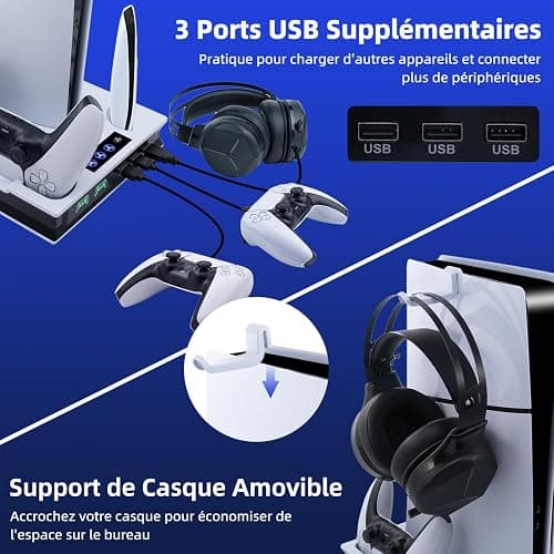 Wigearss PS5/PS5 Slim/PS5 Pro Ventilateur Station de Refroidissement, Support de Charge Vertical avec Chargeur Double Manette, Vitesse de Ventilation Réglable sur 3 Niveaux thumbnail 5