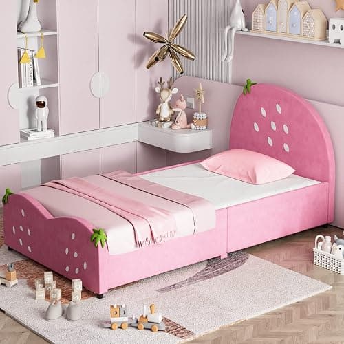 HONEY JOY Twin Bed Frames for Kids, Toddler Wooden Twin Bed Platform w/Headboard & Slat Base, No Box Spring Needed, Children Bedroom Furniture for Boys Girls, Fits Standard Twin Mattress, Strawberry thumbnail 9