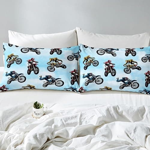 Erosebridal Dirt Bike Bed Sheet Twin Size, Extreme Sport Fitted Sheet for Kids Boys Teens, Motorbike Sport Bedding Set Motocross Rider Bedding Decor Set 2 Pieces with 1 Pillow Case, Blue thumbnail 8