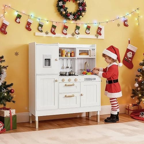 Arlopu Play Kitchen for Kids, Wooden Toy Toddler Kitchen Sets, Sturdy Pretend Cooking Playset with Storage & Accessories, Realistic Light & Sound, Stove, Fridge, Microwave, Removable Sink (White) thumbnail 6