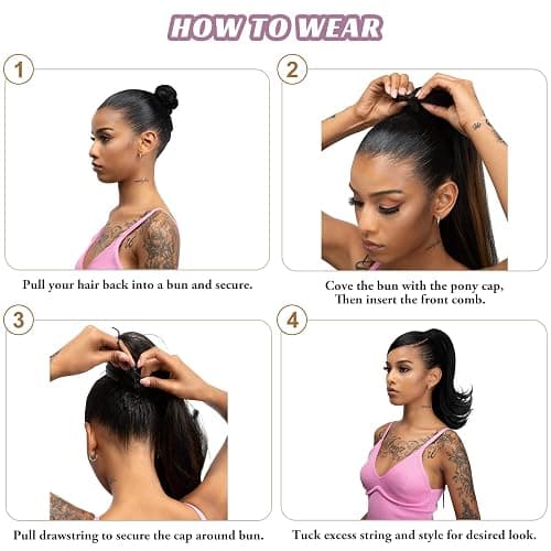 YUMOREAL Short Black Drawstring Ponytail Hair Extension for Black Women 14 Inch Straight Ponytail with End Curls Synthetic Fake Hairpieces thumbnail 6