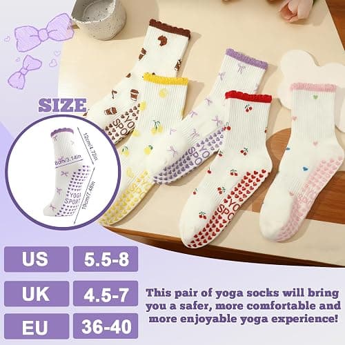 scenicamp 5 Pairs Cute Pilates Socks for Women, Ruffle Frilly Yoga Socks Non Slip Cotton Crew Socks with Embroidery Pattern thumbnail 2