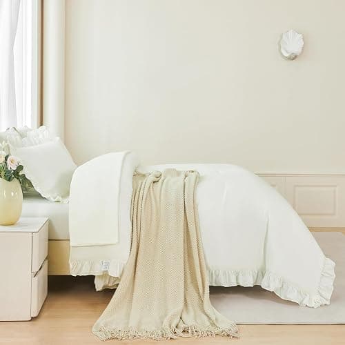 ANGIYUIN 5Pcs Full Szie Comforter Set Ivory Ruffle Bed in A Bag with Sheets Beige Farmhouse Aesthetic Bedding Comforter Set Soft Fluffy Bed Sets for Kids Teens(Ivory Full) thumbnail 7