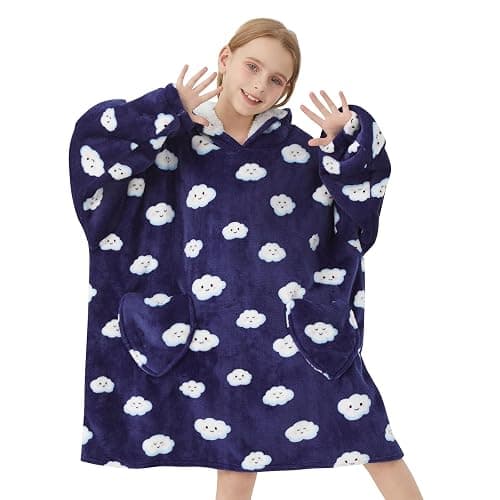 Mewkou Wearable Blanket Hoodie for Kids Oversized Sherpa Blanket Hoodie for Kids Boys Girls Teens 6-13YR,Navy Blue Cloud - Image 1