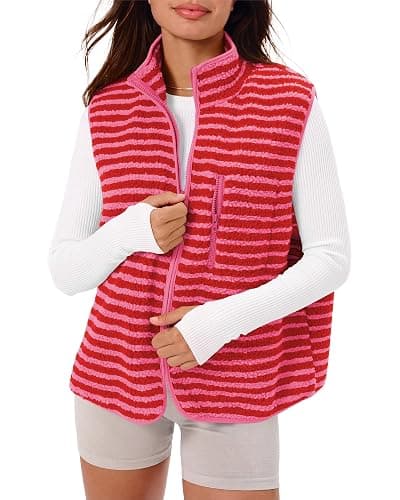 Gacaky Women's Sherpa Fleece Striped Vest Stand Collar Sleeveless Jacket | Gentle Skin Feel, Full Zip, Front Chest Pocket, Fall Winter Clothing, Cute Y2k Striped Vest, Seamless Daily Outfit Match - Image 1