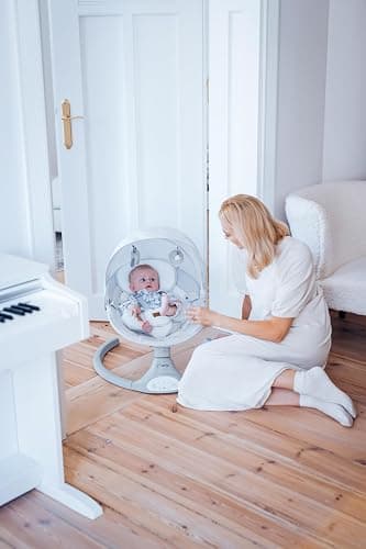 MoMi KENANI Transat balancelle jusqu’à 9 kg, pliable, télécommande et Bluetooth pour smartphone, alimentation piles et secteur, harnais de sécurité 5 points, pare-soleil, moustiquaire thumbnail 9