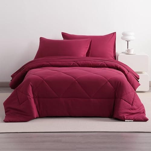 NTBAY Twin Comforter Set with Sheets, 5 Pieces Soft and Breathable Twin Bedding Set, Twin Bed in a Bag, Down Alternative Comforter Set Solid Color All Season, Kids Bedding Set, Wine Red thumbnail 8