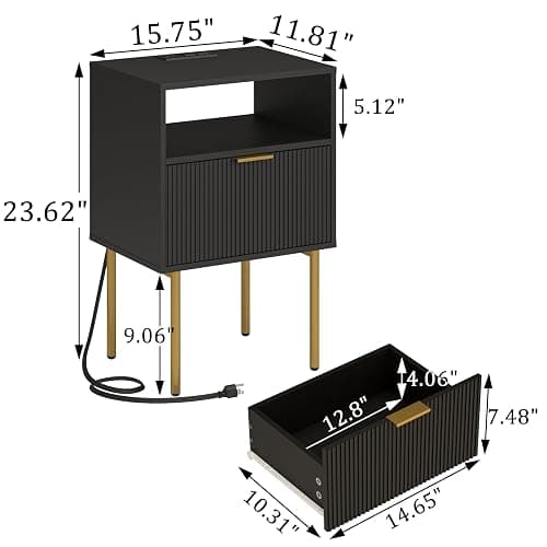 Modern Nightstand with Charging Station and LED Lights, Black Nightstand with Drawer, Fluted Nightstand for Living Room, Bedroom thumbnail 2