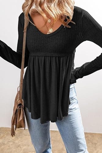 MARZXIN Women's 2025 Fall Long Sleeve Casual T-Shirt Textured Long Sleeve V Neck Babydoll Tunic Tops thumbnail 4