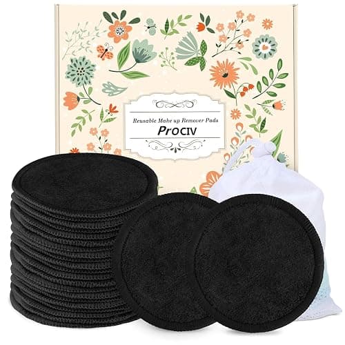 ProCIV Reusable Makeup Remover Pads - 25 Pack Washable Organic Cotton Rounds for All Skin Types & Toner with Laundry Bag, Eco Friendly Zero Waste Reusable Cotton Pads Travel Gadgets (Black) - Image 1