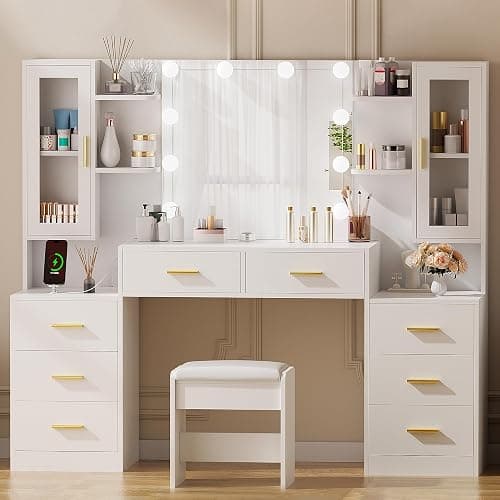 ANWBROAD 59.1" Large Vanity Desk with Mirror & Lights White Makeup Vanity Set with Power Outlet and 8 Drawers 3 Lighting Modes Adjustable Dressing Table for Girl Women Bedroom Dressing Room UBDT67W thumbnail 7