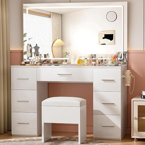 VALONDINO Makeup Vanity Desk with Power Outlet, 46'' Glass Top Vanity Set, 7 Drawers Vanity Table with Cushioned Stool, 3 Lighting Modes Brightness Adjustable,White thumbnail 6