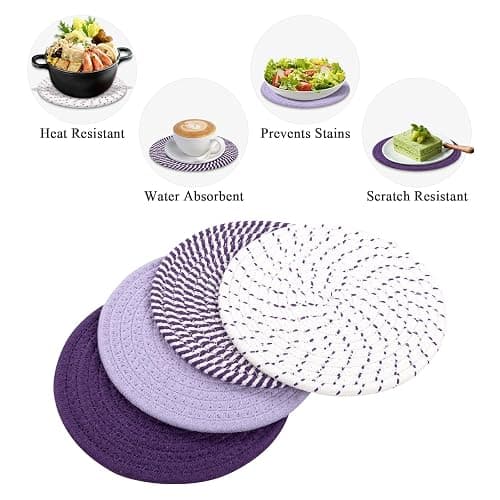 SHACOS 8 Inches Trivets for Hot Dishes, 4 Pieces Cotton Trivets Mats | Hot Pads for Kitchen Countertops and Table, Heat-Resistant Pot Holders for Hot Pots and Pans(Purple, 4pcs) thumbnail 9