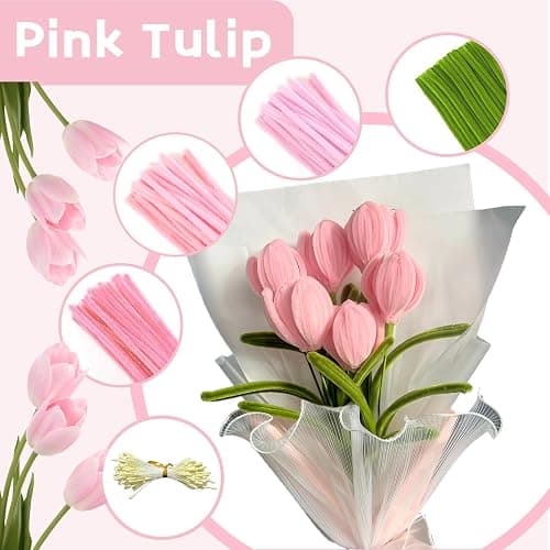 CllyCnny Pipe Cleaners Craft - 400 PCS Chenille Stems DIY Flowers Kit Green Pink 4 Colors Pipecleaners Bulk with Instruction Floral Stems Stamens Tapes Ribbons for Tulips Bouquet Making Supplies thumbnail 3