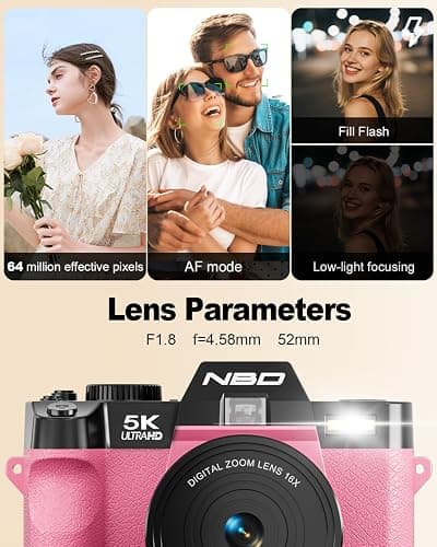 NBD 5K 64MP Digital Cameras for Photography with Dual-Lens WiFi | Vlogging Point and Shoot Camera Kit for Beginners,with 180° Flip Screen,16X Zoom,32GB Card,2 Batteries(PINK) thumbnail 7