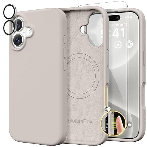 GolbinBox Magnetic for iPhone 17 Case, Compatible with MagSafe, Screen Protector + Camera Lens Protector, Liquid Silicone Shockproof Phone Cover with Anti-Scratch Microfiber Lining, Stone - Image 1