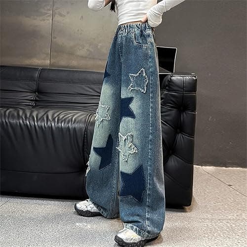 Kids Girls Star Jeans Baggy Elastic Waist Wide Leg Denim Pants Buttons Casual Preppy Streetwear Trousers with Pockets thumbnail 5