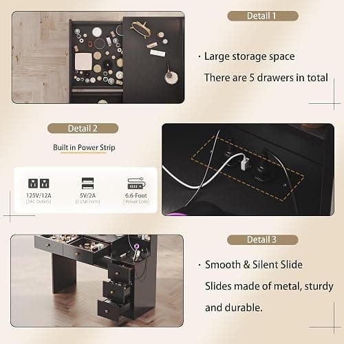 Makeup Vanity with Lights & Charging Station, Black Vanity Table with 5 Drawers & Open Storage Shelves, Vanity Desk with Mirror & Lights, Dressing Table Set, Bedroom Makeup Table Set Black Handle - 35.4 inch thumbnail 6