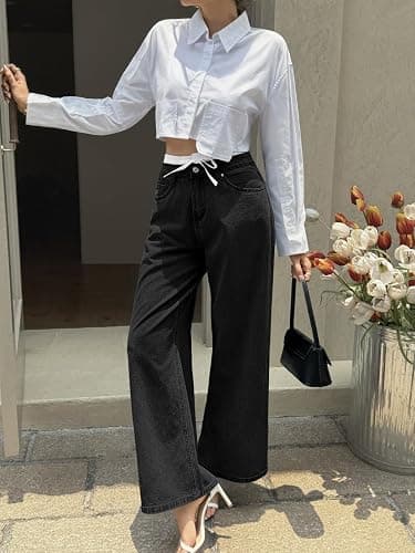Cicy Bell Womens Wide Leg Jeans High Waisted Drawstring Color Block Patchwork Baggy Loose Y2K Denim Pants with Pockets thumbnail 2
