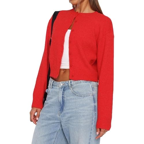 Women Y2K Button Front Crop Sweater Cardigan Solid Color Crew Neck Long Sleeve Knit Fall Tops Streetwear - Image 1