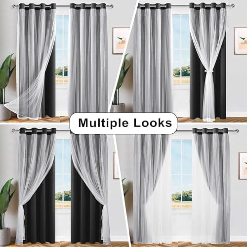 Hiasan Black Blackout Curtains with Sheer 84 Inches Long, Thermal Insulated Mix & Match Double Layer Room Darkening Curtains for Bedroom, Living Room, 2 Window Drape Panels with Tiebacks, 52W X 84L thumbnail 7