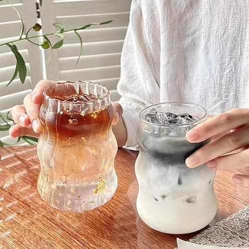 2 Pcs Ribbed Glass Cups, 18 Oz Vintage Drinking Glassware with Wave Shape Design, Bubble Cups for Iced Coffee, Juice, Beverage, Milk, Cocktails, Bubble Tea, and More thumbnail 6
