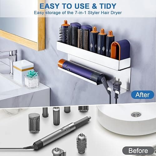 WAYASI Hair Dryer Holder Wall Mount, Hair Straightener Holder for Curling Iron Styler Accessory, Hair Dryer Storage, Adhesive Hairdryer and Straightener Holder, Hair Tool Organiser (Silver) thumbnail 5