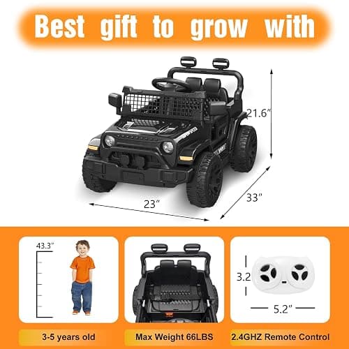 TRINEAR 12V Ride on Car with Parent Remote Control, Toddler Electric Car with Spring Suspension, LED Lights & Music Player - Safe Battery Toy for Kids, Christmas & Birthday Gift, Black thumbnail 3