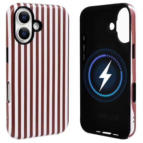 NITITOP Compatible with iPhone 16 Plus Case Cute Matte Magnetic Compatible with MagSafe Vertical Striped for Woman Girl Man Boy Hybrid 2 Layers Back Shockproof Protective Cover - Wine Red White - Image 1
