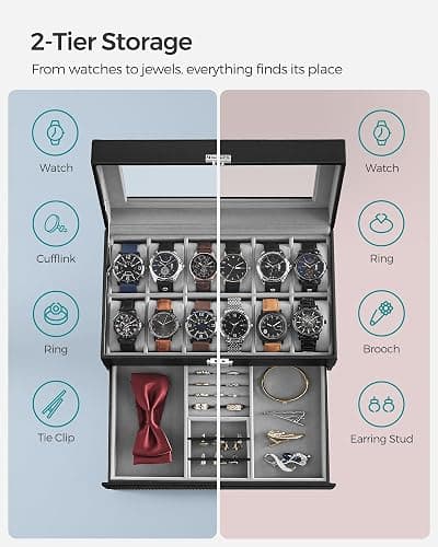 SONGMICS Watch Box, 12-Slot Watch Case Organizer with Large Glass Lid, 2 Layers, Removable Pillows, Metal Lock, Gift for Loved Ones, Black Synthetic Leather, Christmas Gift, Gray Lining UJWB012 thumbnail 4