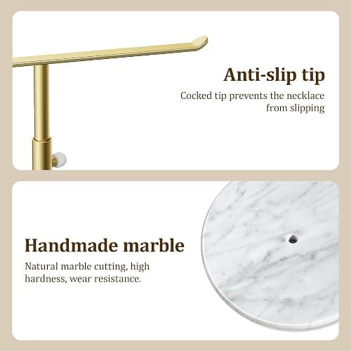 Josmimic Gold Necklace Holder Jewelry Organizer Stand – Adjustable Height T‑Bar Jewelry Display with White Marble Base, Necklace & Bracelet Holder, Countertop Jewelry Stand thumbnail 6